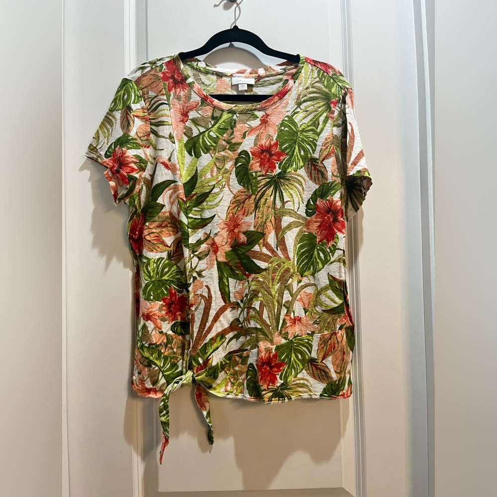 J Jill Love Linen Green/Pink Floral Top Large Front Tie Armpit To Armpit 21”